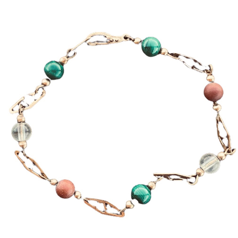 Delicate Multicolored coral, green and crystal bead and chain womens bracelet.